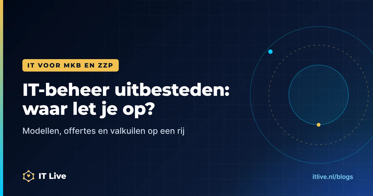 Illustratie over IT-beheer uitbesteden voor mkb en zzp, met werkplekken, back-ups en beveiliging